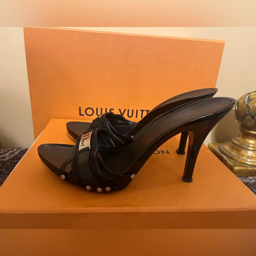 Vintage Dior Black Printed Canvas & Leather Peep Toe Clogs Sandals - Sz 40EU - Picture 2 of 6